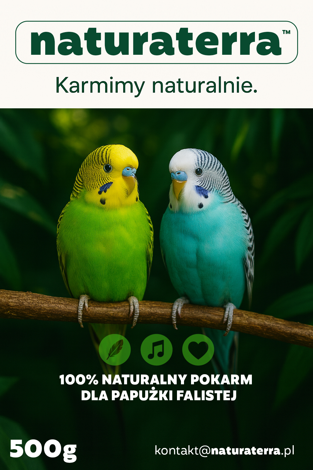 Opakowanie karmy Naturaterra z hasłem „Karmimy naturalnie” i zdjęciem dwóch papużek falistych.